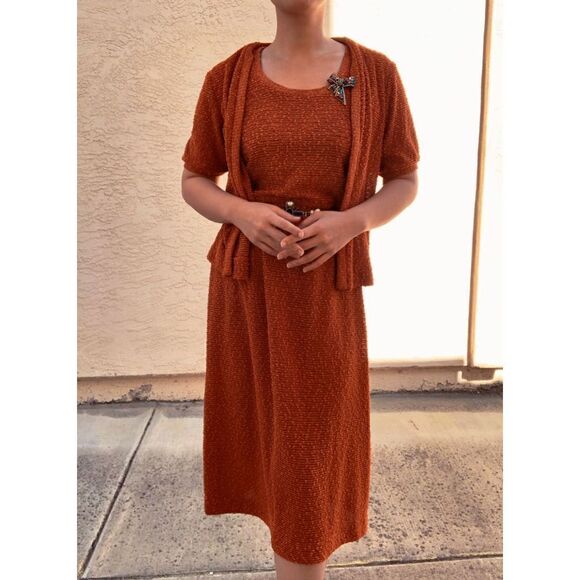VTG 70s Jonathan Logan Ginger Brown Woven Midi Dress Cardigan Set USA Made 4/6 - Picture 2 of 10